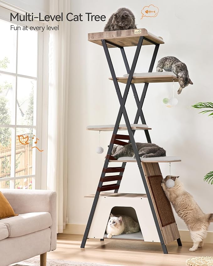 FourFurPets 72.4" Cat Tree, Modern Cat Tower for Indoor Cats, Multi-Level Cat Condo with Caves, Tall Cat Tree with Cat Scratching Board, Wooden Cat Tower with Large Perch, Removable Pads, Camel Brown