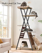 FourFurPets 72.4" Cat Tree, Modern Cat Tower for Indoor Cats, Multi-Level Cat Condo with Caves, Tall Cat Tree with Cat Scratching Board, Wooden Cat Tower with Large Perch, Removable Pads, Camel Brown