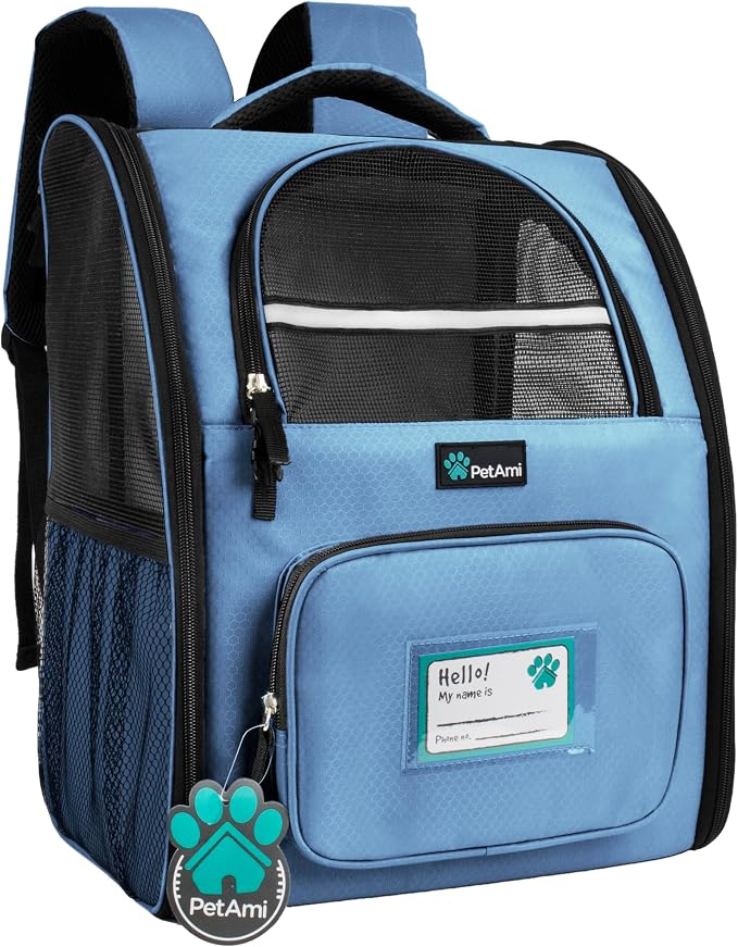 PetAmi Dog Backpack Carrier for Small Medium Dogs Large Cats up to 18 lbs, 2 Side Entry, Structured No-Collapse Frame, Airline Approved Ventilated Pet Backpack for Hiking Camping Travel, Light Blue