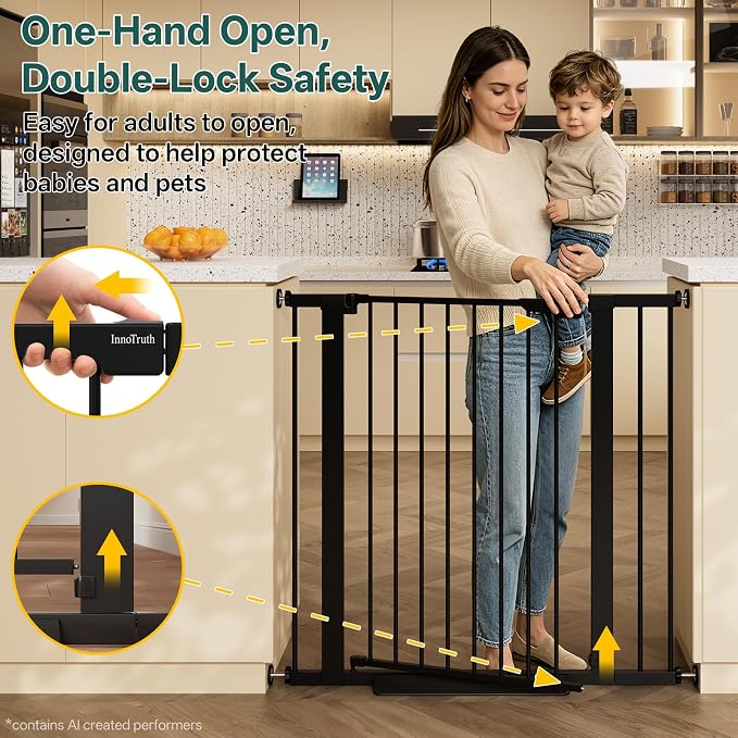 InnoTruth 29.6-39.1 in Wide x 35.5 in High Extra Tall Baby Gate, Black | Indoor Metal Dog Gate for Stairs and Doorways, Auto Close Walk Through Door for Pets, Double Lock, Pressure or Hardware Mount