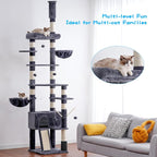 Hey-brother Cat Tree Tower, Adjustable Height, Floor to Ceiling, MPJ091G | 94.5-106.3 Inches Multi-Level Cat House, Scratching Posts, Plush Condo, Platform, Toy Ball for Indoor Big Cats, Smoky Gray