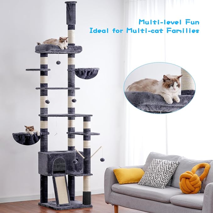 Hey-brother Cat Tree Tower, Adjustable Height, Floor to Ceiling, MPJ091G | 94.5-106.3 Inches Multi-Level Cat House, Scratching Posts, Plush Condo, Platform, Toy Ball for Indoor Big Cats, Smoky Gray
