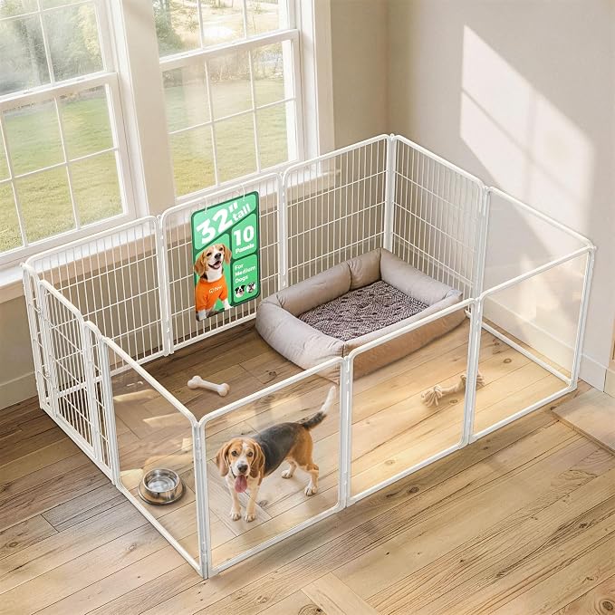 FXW AuraSpace Pro Acrylic & Wire Mesh Indoor Dog Playpen, 32" H, 10 Panels | Clear View, Heavy-duty Metal, Flexible Layouts, Easy Walk-Through, For Small & Medium Dogs, Patented