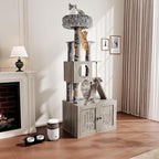 Garvee Cat Litter Box Enclosure with Cat Tree Tower and Condo, Hidden Cat Washroom Furniture with Sisal Scratching Post and Soft Plush Perch, Wooden Cat Furniture with Multiple Platforms