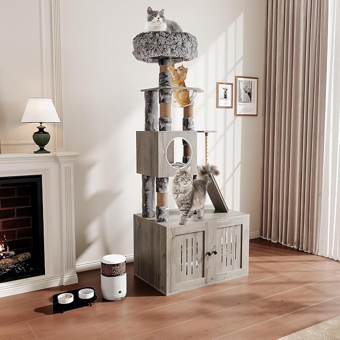 Garvee Cat Litter Box Enclosure with Cat Tree Tower and Condo, Hidden Cat Washroom Furniture with Sisal Scratching Post and Soft Plush Perch, Wooden Cat Furniture with Multiple Platforms
