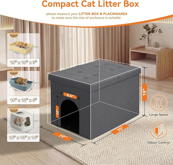 Zerbuger Cat Litter Box Enclosure Furniture for Odor Control,Hidden Cabinet | Cat Litter Box Furniture Ottoman With Flip-Up Lid,Cats Litter Box Bench With Storage Space, Dog Proof (Grey, Large)