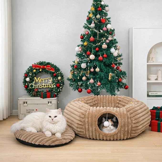 Cat Tunnel Bed Cave - Washable Cushion for Indoor Cats, Peekaboo Hideaway Cave for Indoor Cats, Kittens, Puppies, Rabbits, Luxurious Striped Hare-Feel Fabric, Tunnels for Indoor Cats Large(Khaki)