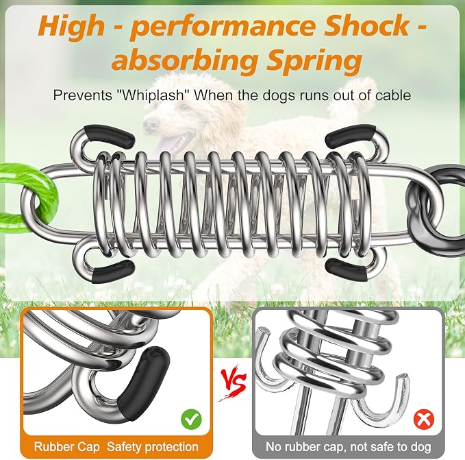 25FT Dog Tie Out Cable Lead with Shock Spring for Medium Large Dogs | Shock-Absorbing; 500LBS Tensile Strength; Strong Stainless Steel Core; 360° Swivel Locking Hook; Anti-Rust Vinyl Coating