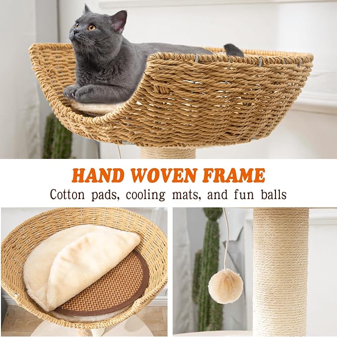 Modern Cat Tree for Indoor Cats, 30 in Cat Tower with Basket Bed | Interactive Play Base, 8cm Thick Sisal Scratching Posts, Climbing Ladder, Teaser Toy, Replaceable Cooling & Plush Mats