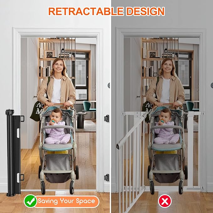 EZIGO 55 Inch Retractable Baby Gates Extra Wide Baby Dog Gate for Stairs | 34 Inch Tall Retractable Dog Gate, One-Hand Operation Mesh Safety Pet Gate for Deck, Porch, Doorways Indoor Outdoor, Black
