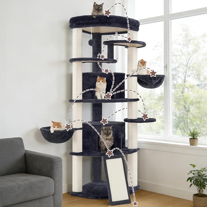 Gitelsnour Corner Cat Tree, All Sisal Multi-Cat Scratching Posts GCT035G | 63.8" Cat Tower for Indoor Cats with Cat Condo, 2 Large Cat Caves, Big Top Perch, 2 Hanging Baskets & Sisal Ramp, Drak Gray