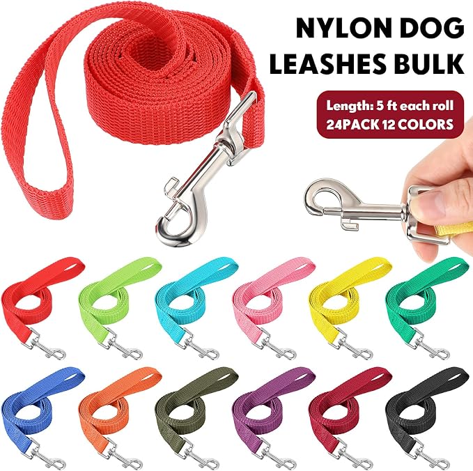 24 Pack Nylon Dog Training Leash Bulk 5 ft Dog Leash for Small and Medium Puppy Traction Rope for Training, Play, Camping, or Backyard, 12 Assorted Colors(Bright Colors)
