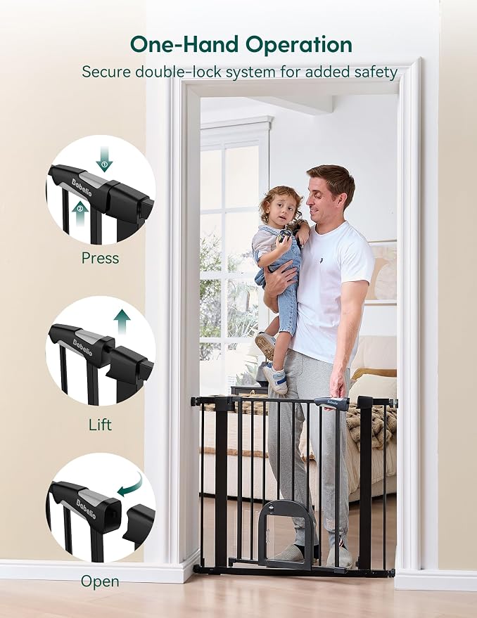 Babelio Baby Gate with Adjustable Cat Door, CatPrivilege III, 29-43" | Auto-Close, Pressure Mounted with No Drilling, Dual Lock Safety Gates For Stairs, Doorways and House, Easy Walk Thru, Black