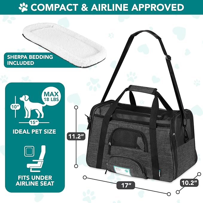 PetAmi Airline Approved Pet Carrier for Cats & Small Dogs, Soft Sided TSA Travel Carrier Bag with Sherpa Bed, Breathable Mesh Ventilation, Collapsible Bowl, Up to 18 lbs, Small Heather Dark Gray