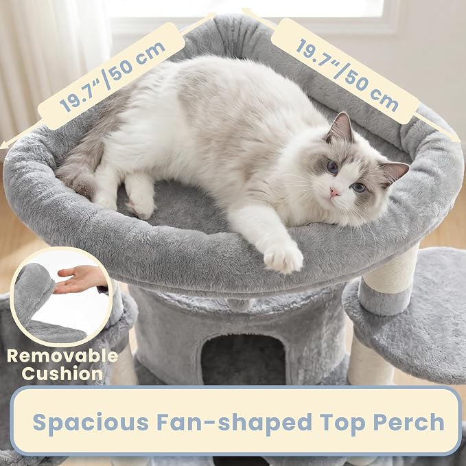 Cat Tree, 73-Inch Sturdy Corner Cat Tower for Large Cat VCT021W | Cat Furniture with Wide Top Perch, 2 Spacious Condos, 2 Cozy Baskets, 2 Scratching Boards & Interactive Toy, Light Gray