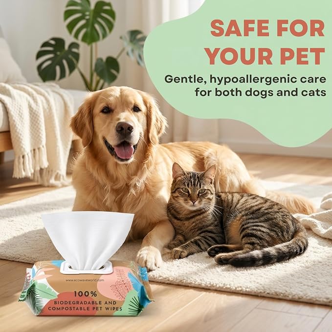 Eco Wave Hypoallergenic Plant-Based Pet Wipes, Dog and Cat Grooming Wipes for Face, Ears, Body, Butt, and Paws, Fragrance Free, Compostable, 400 Count