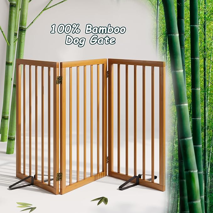Semiocthome Freestanding Dog Gate 32" Tall, 3-Panel Foldable Dog Gates for Doorways Stairs House, Pet Gate Indoor with 2 Metal Stands, Walnut