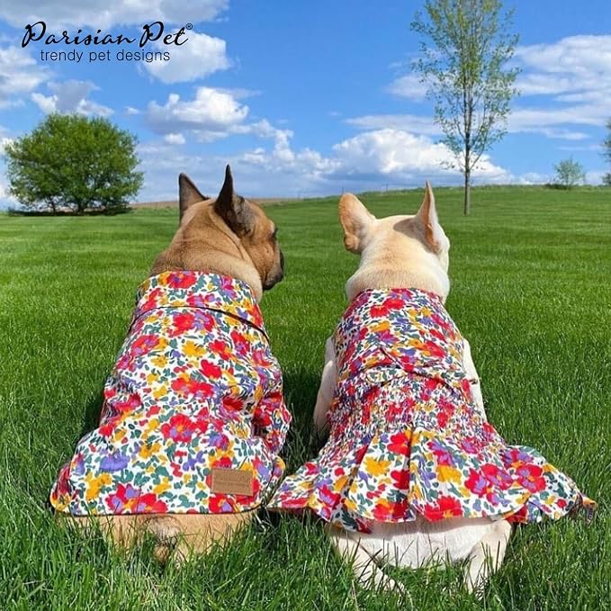 Parisian Pet Floral Dog Dress - 100% Cotton Summer Clothes for Small Dogs Girl - Ruched Waist Pet Dress - Stylish Printed Beach Dog Outfit - Lightweight Puppy Clothes - Sleeveless Dresses for Dogs