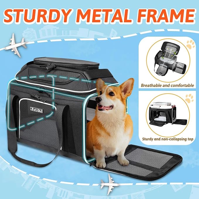 Petskd Top-Expandable Small Pet Carrier 18"x13"x9.5" Airline Approved | for Southwest Airlines, Lockable Safety Zippers and Anti-Scratch Mesh, Soft-Sided, Pets Under 10 Lbs, Black