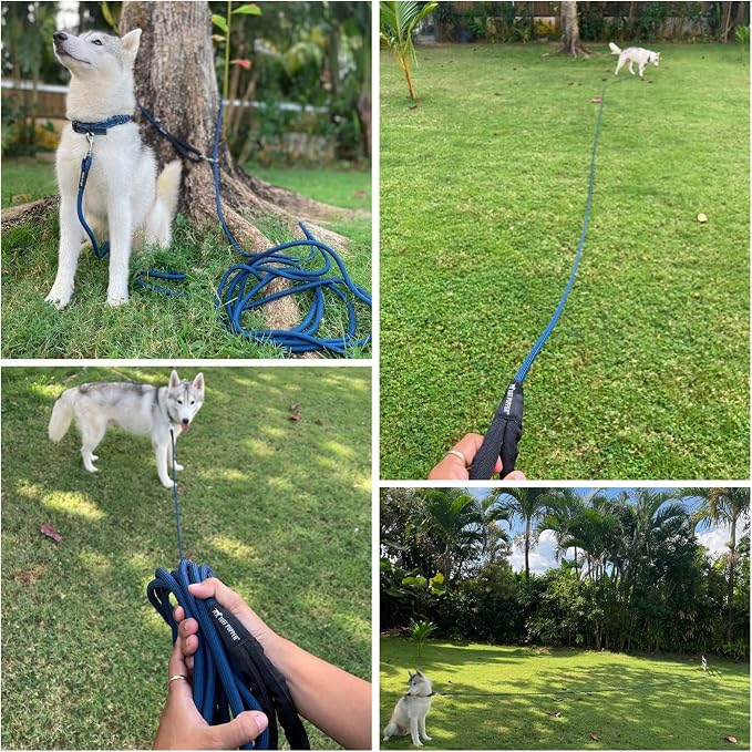 Tuff Pupper Heavy Duty 30 Foot Long Rope Leash for Dogs | Dog Recall Training Lead | High Visibility Strong Climbing Rope Leash | Hand or Waist Worn | Stainless Steel 360° Clips for Tangle Free Use