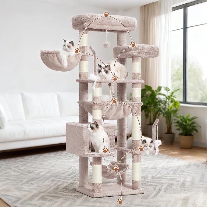 Gitelsnour Cat Tree, 63'' Cat Tower for Large Cats, Big Hammock GCT020MU | Cat Condo, Cat Scratching Posts for Indoor Adult Cats, 4 Platforms（ 2 Big 2 Small）, 2 Baskets, Sisal Rope, 4 Toys, Mushroom