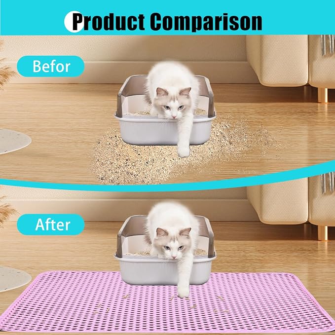 Cat Litter Mat 23"x14.5", Double Layer Waterproof Litterbox Mat, Pink | Non-slip backing, washable for easy cleanup, traps stray litter with waterproof honeycomb large grid that is urine-proof.