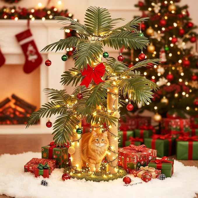 LEMONDA 31.5Inch Cat Scratching Post | Cat Scratcher Tree, Cat Scratching Posts,3 Scratching Poles,2 Interactive Dangling Balls, For Indoor Kitten & Adult Cats