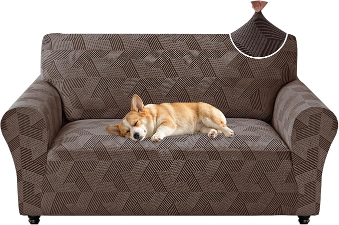 ZNSAYOTX Stretch Couch Covers for 2 Cushion Couch, 1-Piece Loveseat Covers Sofa Slipcover, Furniture Protector with Elastic Bottom for Dogs Geometrical Jacquard Fabric (Medium, Brown)