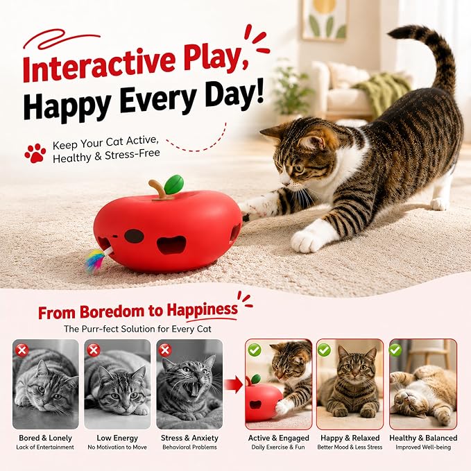 Cat Toys Automatic Interactive Cat Toy for Indoor Cats, Red | Rechargeable Cat Toys Interactive, Quiet Pop-Up Kitten Toy, Smart Sensor Feather Toy, Simulates Hunting, with 6 Random Holes