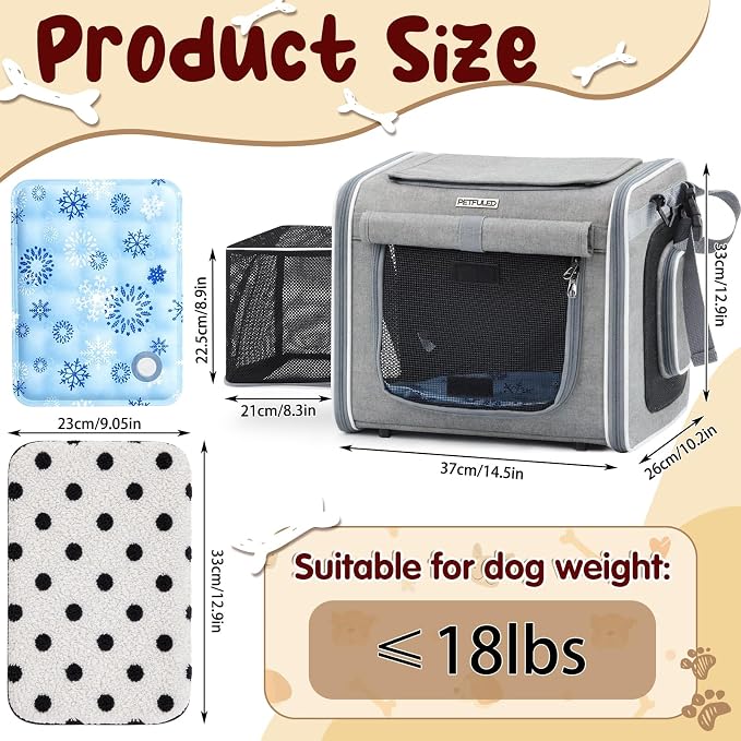 DaisyInner Dog Basket for Bike, Expandable Pet Carrier with Cooling Mat for Bicycle Handlebar, 2 Mesh Doors, Reflective Strips, Soft-Sided Travel Bag for Small & Medium Pet up to 8 kg(Gray)
