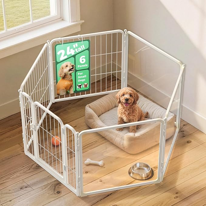 FXW AuraSpace Pro Acrylic & Wire Mesh Indoor Dog Playpen, 24" H, 6 Panels | Clear View, Heavy-duty Metal, Flexible Layouts, Easy Walk-Through, For Puppies & Small Dogs, Patented
