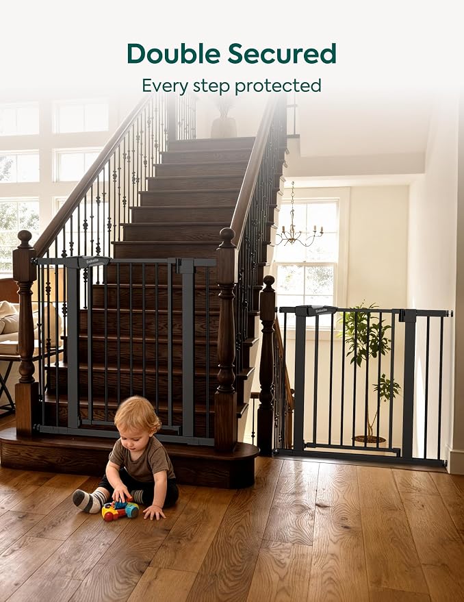 Babelio Pressure Mounted Baby Gate for Stairs, 29-48" Wide Dog Gate,2 Pack | Triple-lock System; Pressure/Wall Mount; Auto-close; 200N Impact Tested; Easy Install for Doorways, Kitchen, Hallway, Black