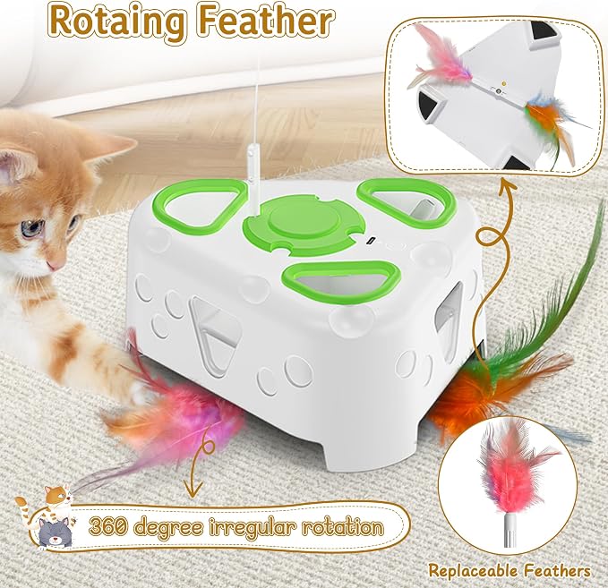 3-in-1 Automatic Interactive Cat Toy, Flying Bird, Mole & Feather | Rotating feather, 3 play modes, cheese-shaped non-slip base, USB-C rechargeable 1200mAh battery, 8-minute auto shutoff