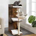 44.8in Modern Wood Cat Tree Tower for Indoor Large Cats with Perch | Multi-level Big Platforms, Sisal Scratching Posts, Cozy Hammock, Washable Pads, Ideal for Windows and Corners, Rustic Brown