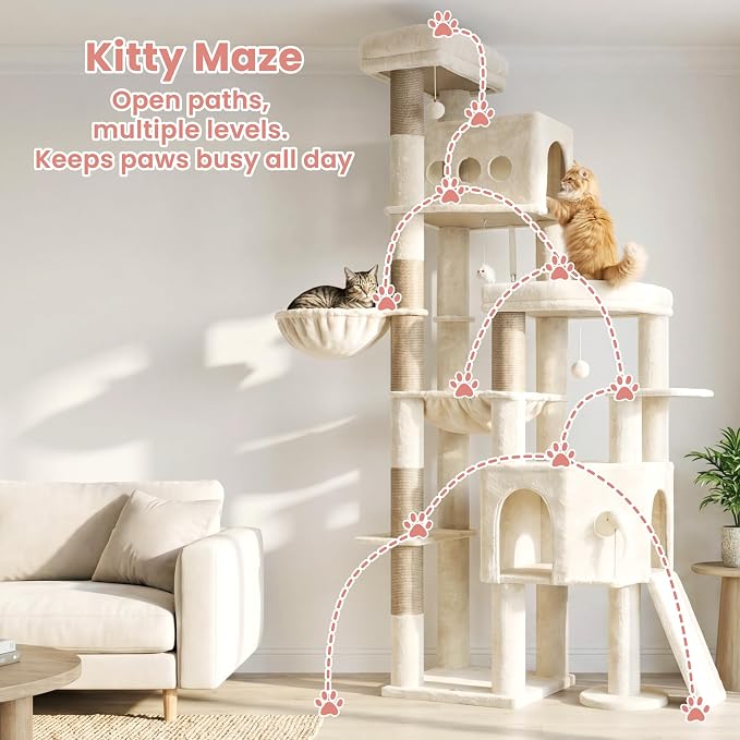 Cat Tree, 78.7" Tall Heavy Duty Cat Tower for Indoor Cat VCT033MJ | Cat Furniture with Sturdy Structure, Spacious Condo, Cozy Top Perch & Scratching Posts, Hammock, Beige