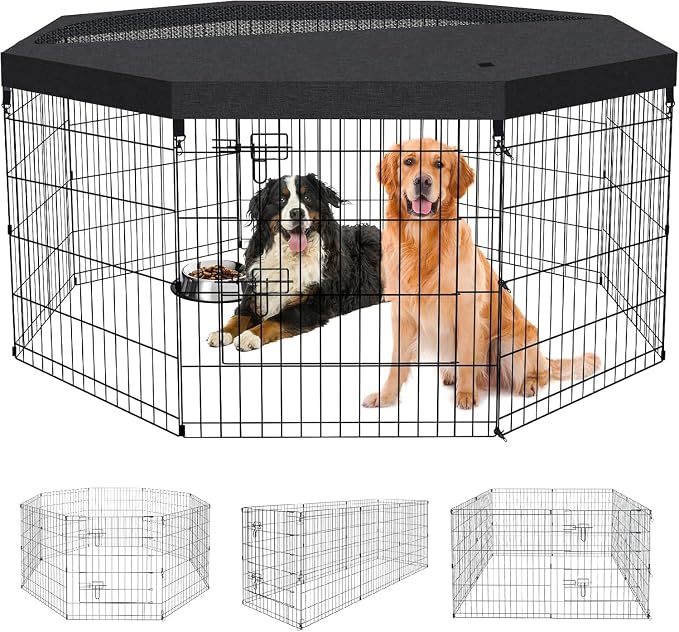 Artmalle 30-Inch Dog Playpen with Top Cover, 8-Panel Rustproof Fence | 30-inch rustproof 8-panel dog playpen with mesh top cover, foldable setup and flexible shapes for indoor or outdoor use.