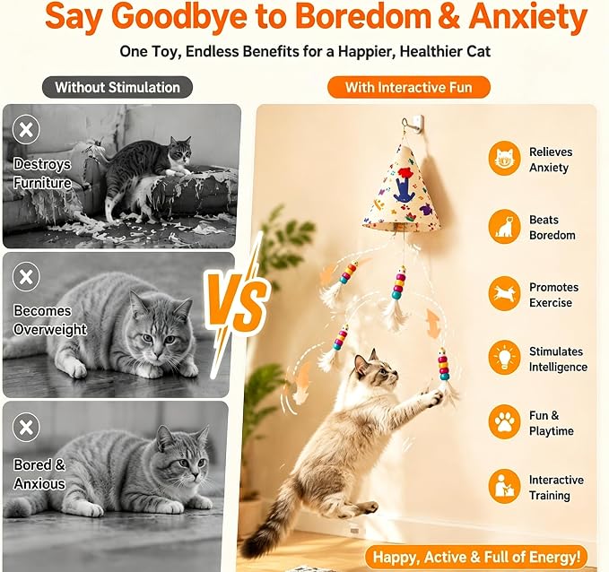 Interactive Cat Toys for Indoor Cats, Automatic Hanging Cat Hunting Toy | Randomly rising hidden prey feather keeps cats hunting active and entertained while reducing boredom and destructive behavior