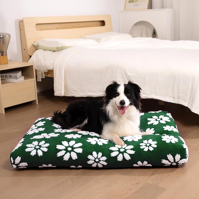 Cute Fluffy Dog Beds for Small Medium Dogs, 30"x 20", Green Flower | Thick Dog Bed for Crate Kennel, Pet Bed with Removable Washable Cover, Anti-Slip Bottom