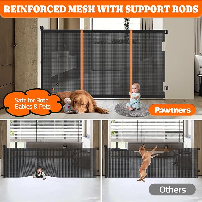Pawtners Retractable Baby Gates Extra Wide, Dog Gate Indoor for Stairs, Pet Gate with Support Rods for Doorways Hallways Indoor & Outdoor,51" Tall x 200" Wide