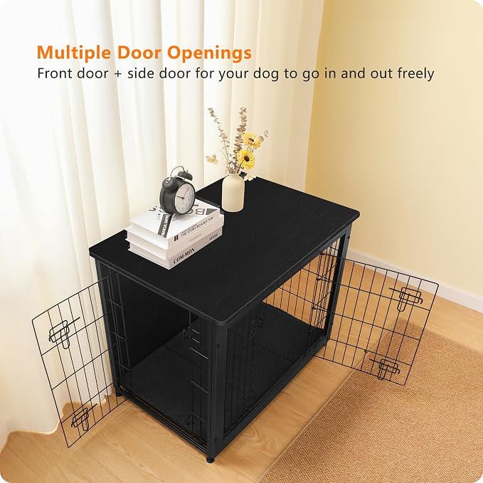 DWANTON Dog Crate Furniture with Cushion, Wooden Kennel Table with Double Doors, Indoor Dog House, Medium Size, 32.5" L, Black