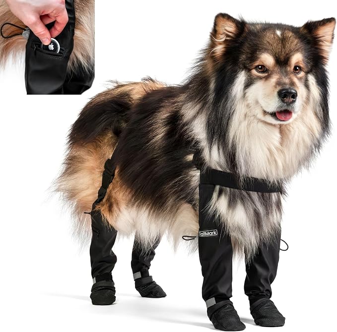 Waterproof Dog Suspender Boots with AirTag Compatible Pocket, Anti-Slip Reflective Dog Shoes, Adjustable Stay-On Paw Protector for Small Medium Large Dogs, Outdoor Walking Rain Snow (Black, XXL)