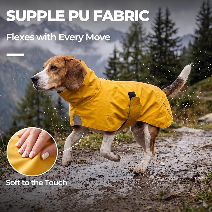 PU Dog Raincoat, Non-Toxic & Odorless Waterproof Vest, Adjustable High Neck and Hook & Loop Belly Closure for Rainy Potty Breaks & Wet Weather Outdoor Walks (Yellow, Small)