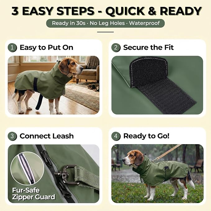 PU Dog Raincoat, Non-Toxic & Odorless Waterproof Vest, Adjustable High Neck and Hook & Loop Belly Closure for Rainy Potty Breaks & Wet Weather Outdoor Walks (Olive Green, Small)