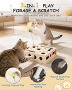 Cat Toys for Indoor Cats – Interactive Wooden Puzzle Box | with Nail File Scratcher, 3 Jingle Balls & Feather Wand, Hunting Play Toy for Bored Felines