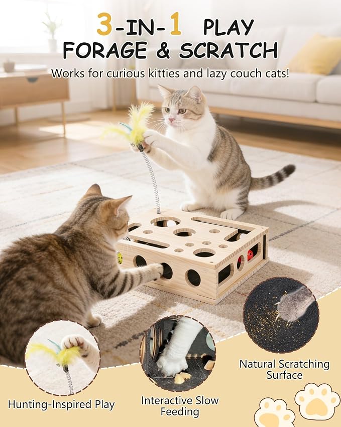 Cat Toys for Indoor Cats – Interactive Wooden Puzzle Box | with Nail File Scratcher, 3 Jingle Balls & Feather Wand, Hunting Play Toy for Bored Felines