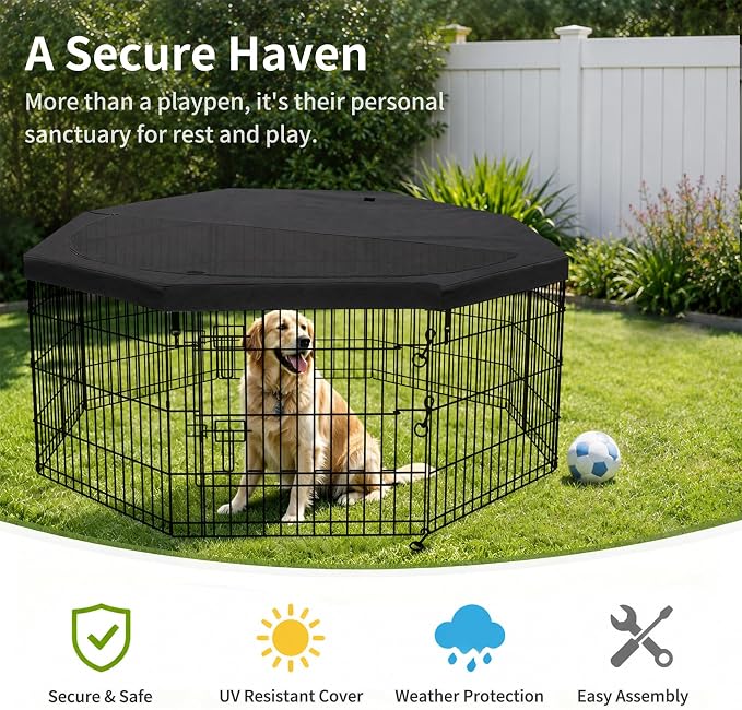 PETIME Foldable Metal Dog Exercise Pen/Pet Puppy Playpen Kennels Yard Fence Indoor/Outdoor 8 Panel 24" W x 24" H with Top Cover