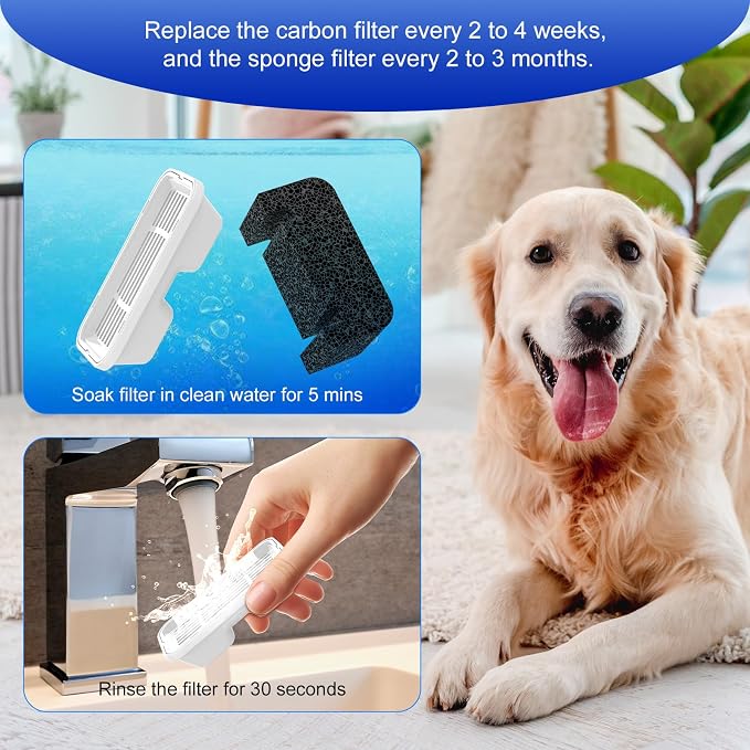 5L/169oz Dog Water Fountain Filter Replacement, 6+6 Pack | Pet Fountain Filters, 6 Carbon Filters and 6 Pre-Filter Sponges