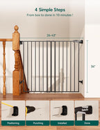 Babelio Baby Gate for Stairs, Kitchen & Doorways, No Bottom Bar| Easy Install| One-Handed Operation| Auto-Close| Hardware Mount Safety Dog Gate (Black - B17, 34" H, 26-43" W-Standard 2 Pcs) | Easy Install| One-handed Opening| Auto-close| Drill Needed I...
