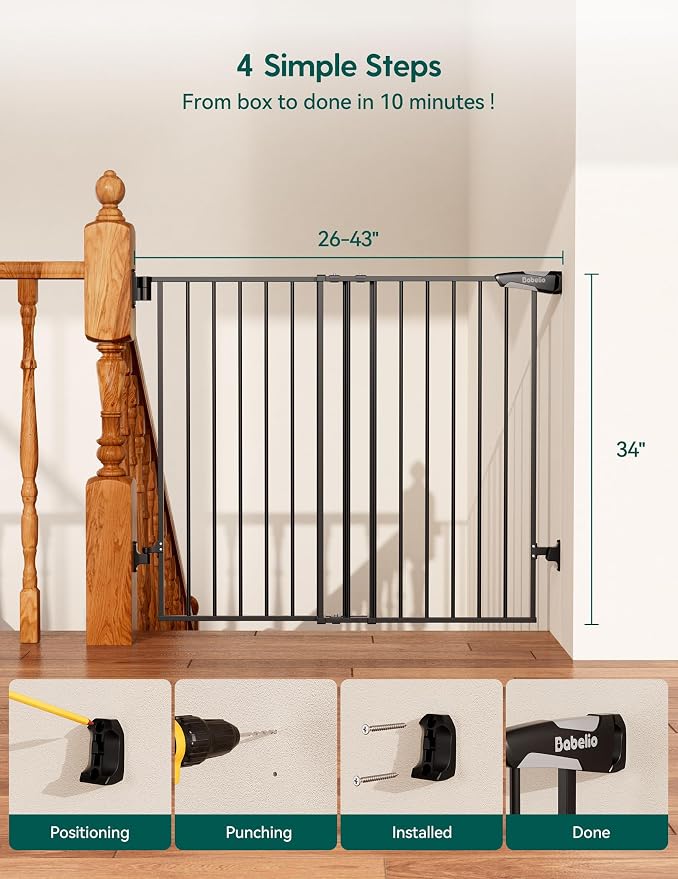 Babelio Baby Gate for Stairs, Kitchen & Doorways, No Bottom Bar| Easy Install| One-Handed Operation| Auto-Close| Hardware Mount Safety Dog Gate (Black - B17, 34" H, 26-43" W-Standard 2 Pcs) | Easy Install| One-handed Opening| Auto-close| Drill Needed I...