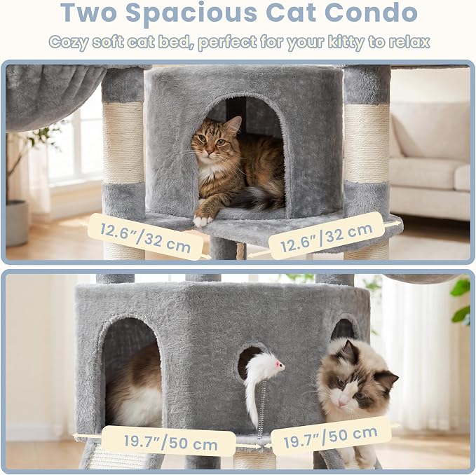 Cat Tree, 73-Inch Sturdy Corner Cat Tower for Large Cat VCT021W | Cat Furniture with Wide Top Perch, 2 Spacious Condos, 2 Cozy Baskets, 2 Scratching Boards & Interactive Toy, Light Gray
